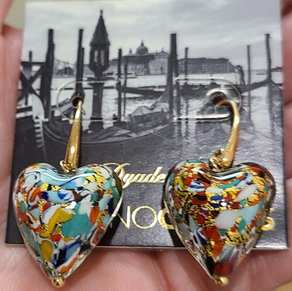 Murano Glass Blown Artsy Puffy Heart Earrings Dyadema Venetian Glass Gold Foil